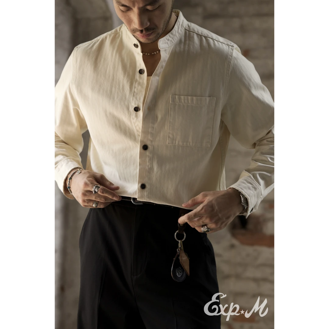 柴米纯棉人字纹男士立领衬衫商务通勤休闲长袖衬衣高级感复古设计