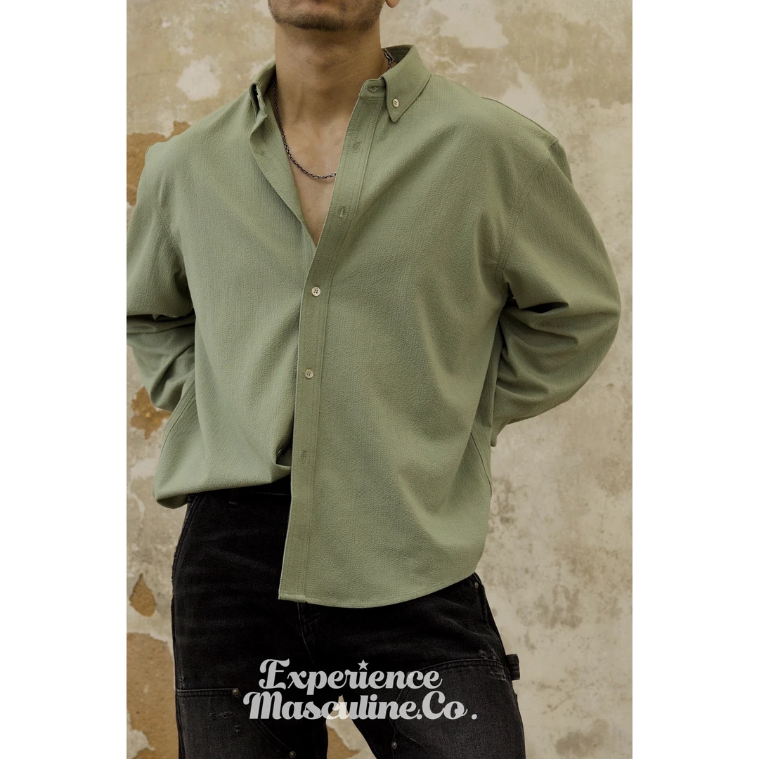 柴米泡泡纱长袖宽松衬衫男垂感厚实美式复古落肩混纺痞帅秋冬衬衫