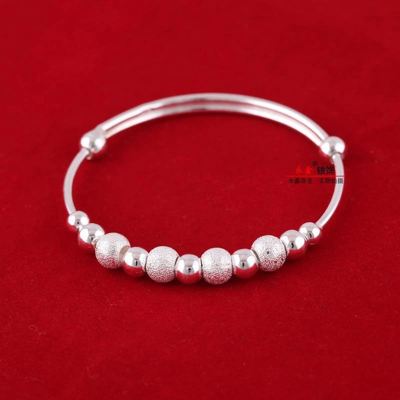 足银手镯 999纯银女推拉圆珠未镶嵌磨砂转运珠镯子送妈妈礼物素银