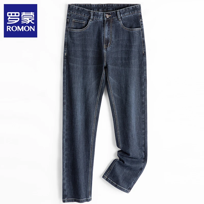 Romon/罗蒙百搭时尚牛仔裤男商务休闲长裤男士宽松直筒修身裤子薄