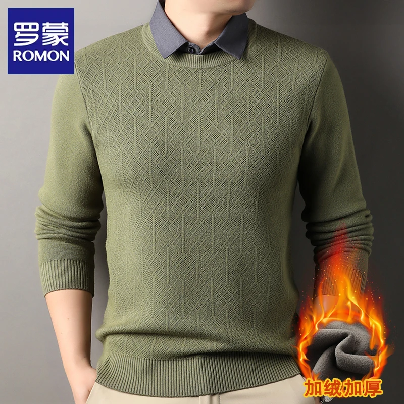 罗蒙假两件针织衫男士秋冬季加厚保暖衬衫领毛衣商务休闲