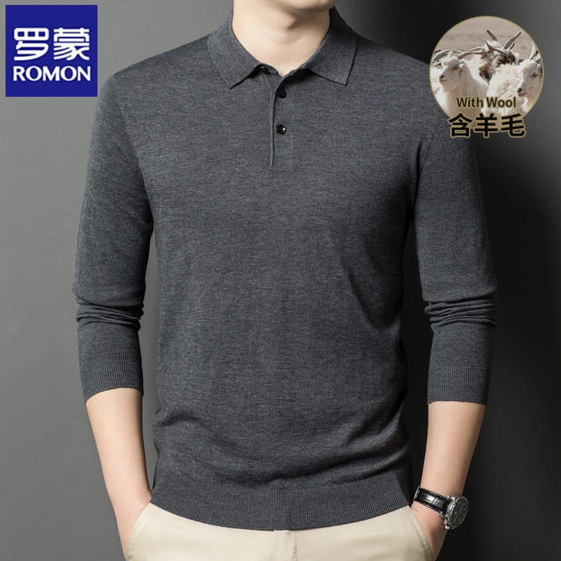 罗蒙薄款春秋季含羊毛衫男上衣针织打底衫毛衣男士T恤长袖Polo衫