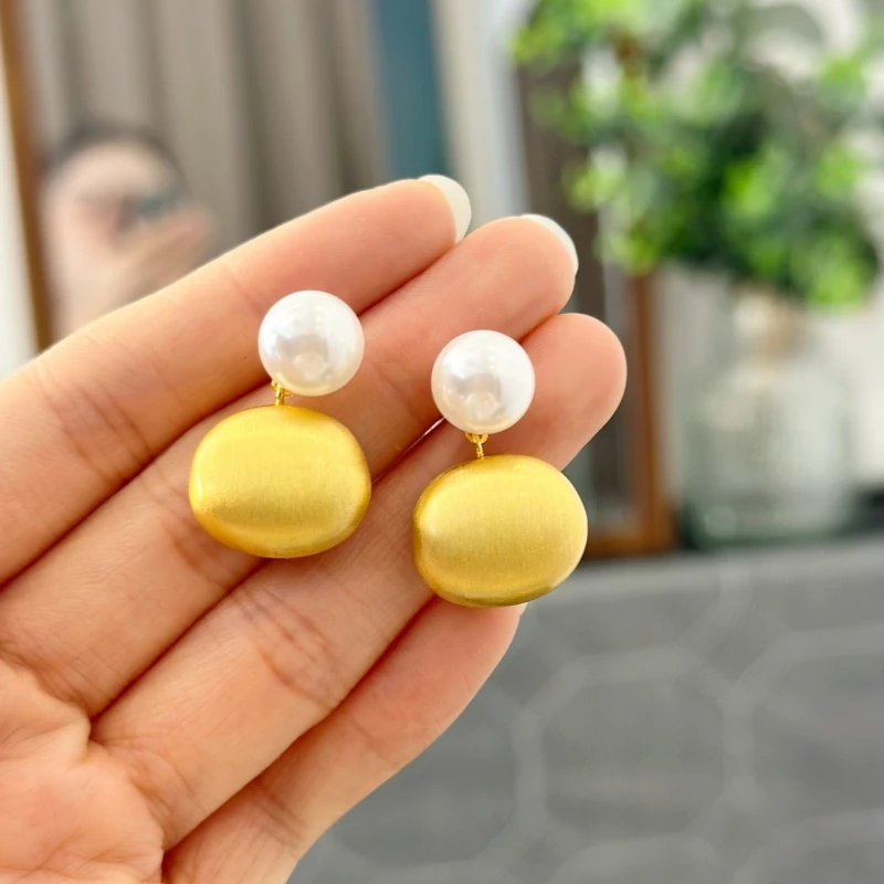 铜合金仿珍珠耳饰 【么么专属】拉丝椭圆吊坠耳环 银针气质珠珠耳钉