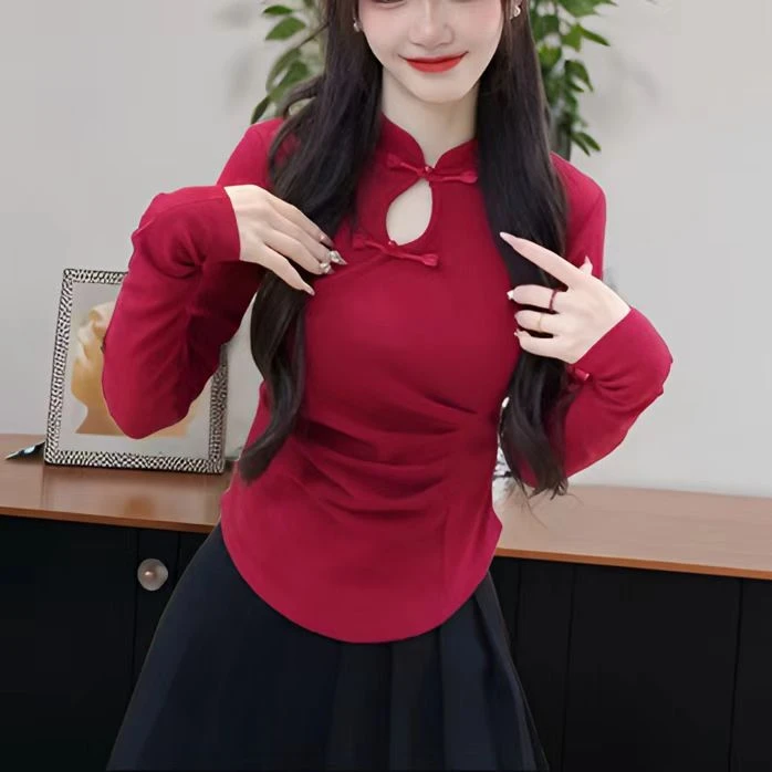 早春新年红色德绒T恤女秋冬高级感新中式盘扣捏褶内搭打底衫上衣