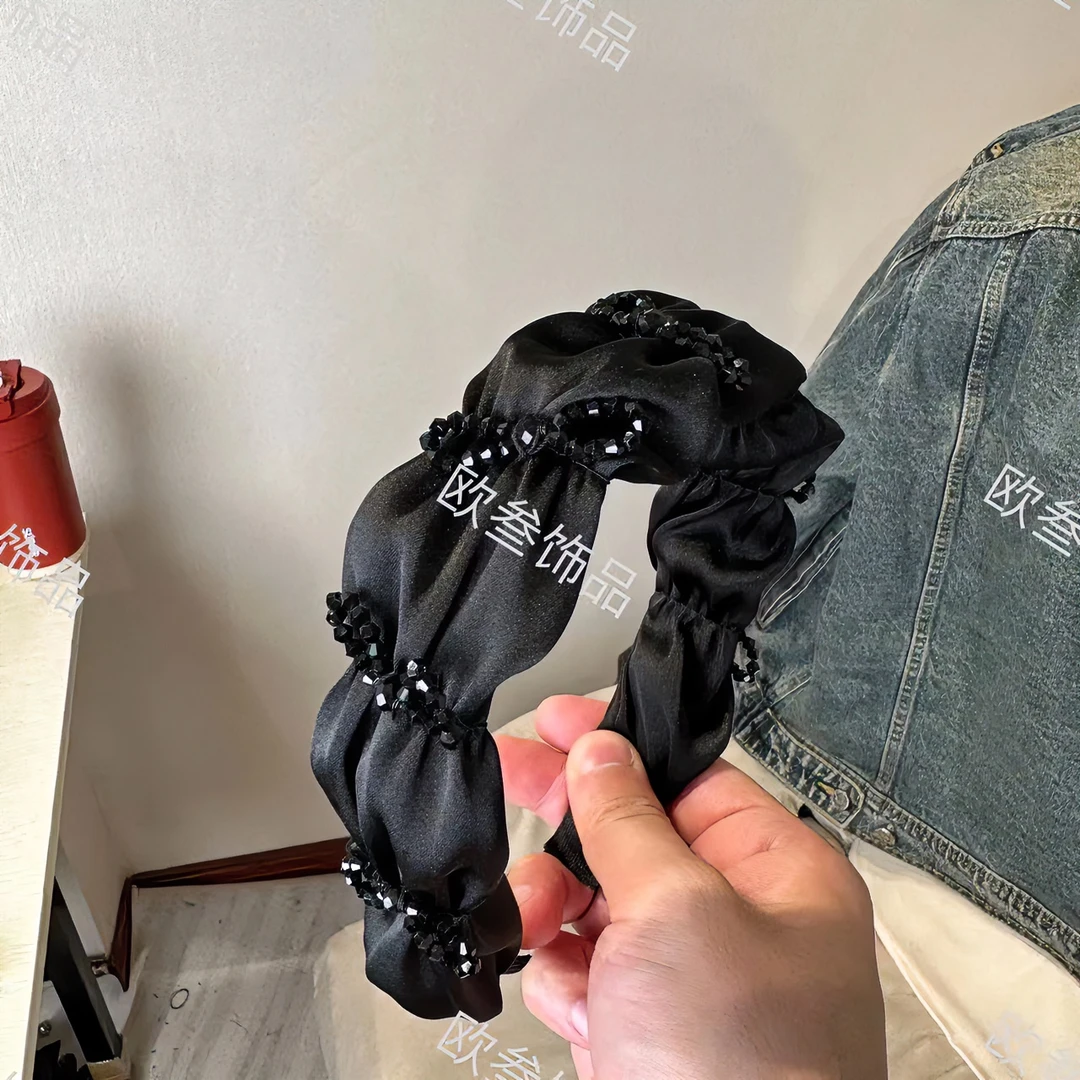 fk038婉沁发箍水晶蝴蝶结黑色高颅顶手工百褶发箍精致宽边发饰