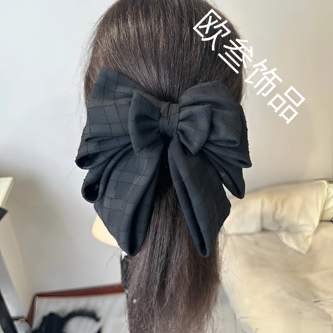 zj307菱纹格厚纱蝴蝶结马尾夹发夹抓夹显发量气质百搭韩版复古