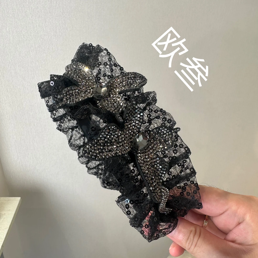 fk061气质时尚发箍黑色网纱钻钻蝴蝶宽边发箍防滑不勒头轻奢百搭