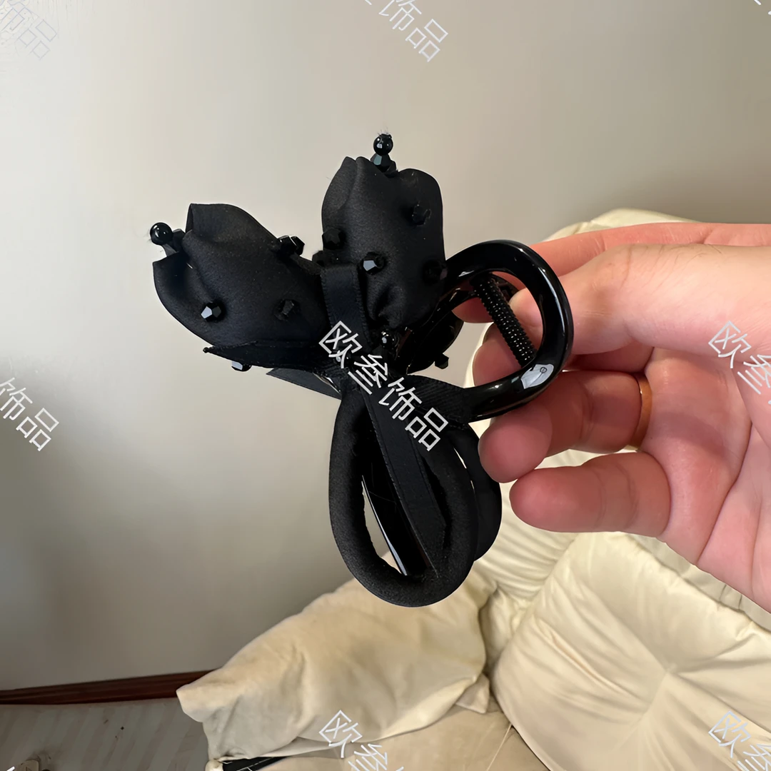 zj293手工缝制水晶郁金香8cm鲨鱼夹小抓夹气质复古黑色韩版优雅