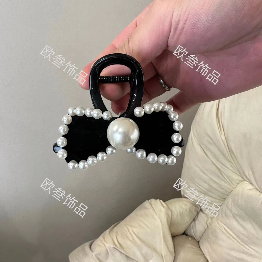 zj231珠珠丝绒8cm小抓夹高马尾喷泉马尾法式复古黑色气质百搭简约