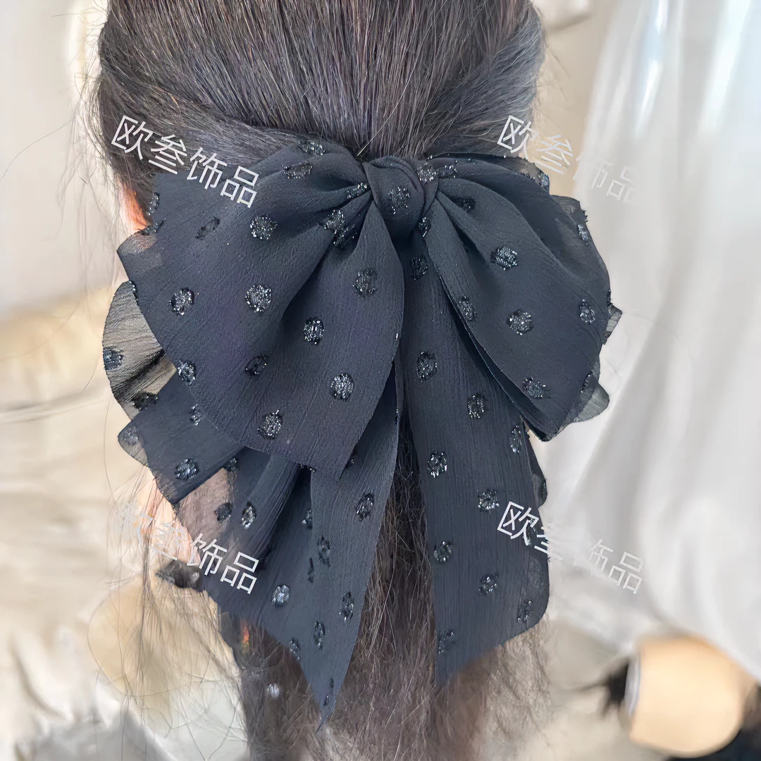 zj277圆片亮丝纱法式复古马尾抓夹气质百搭蝴蝶结发夹韩版黑色
