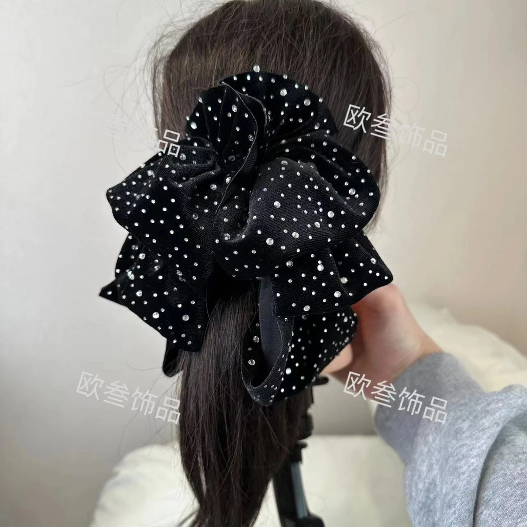 布艺发饰 zj101丝绒钻钻大蝴蝶结立体黑色气质时尚马尾抓夹百搭