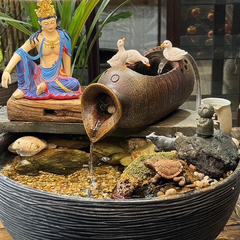 生态鱼缸仿木桶循环流水过滤可种绿植庭院造景树脂材质装饰品摆件