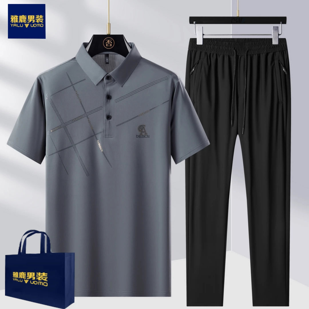 雅鹿男装爸爸夏季冰丝套装2025新款中年休闲50岁短袖长裤两件套男