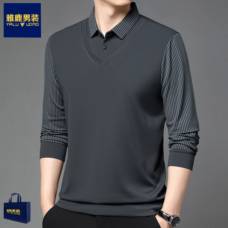 雅鹿男装2023新款男士长袖t恤翻领衬衫中老年爸爸秋季polo上衣