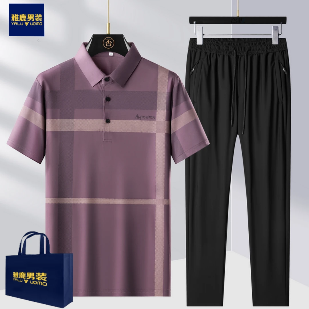 雅鹿男装爸爸休闲套装夏季冰丝短袖Polo衫男中年两件套上衣+长裤