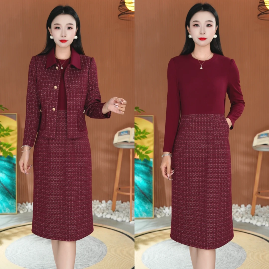 8881【外套+裙子】早春新款格纹时尚口袋套裙遮肉显瘦减龄百搭套装