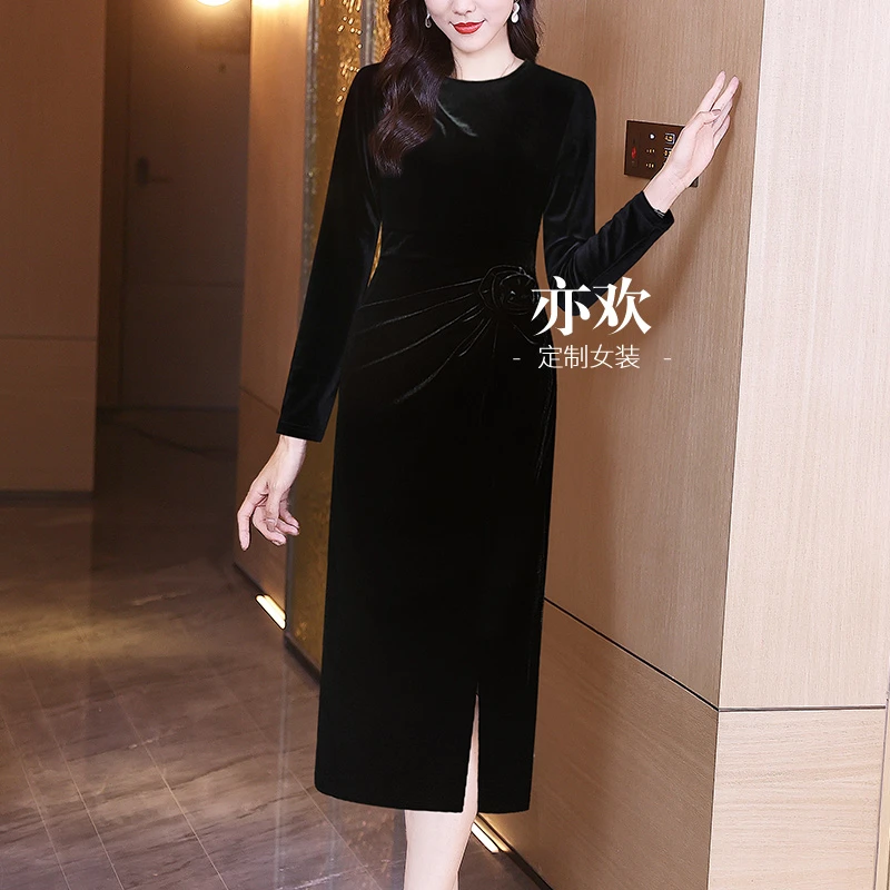 连衣裙2024新款黑色金丝绒洋气高端大气高贵裙子气质长袖92116