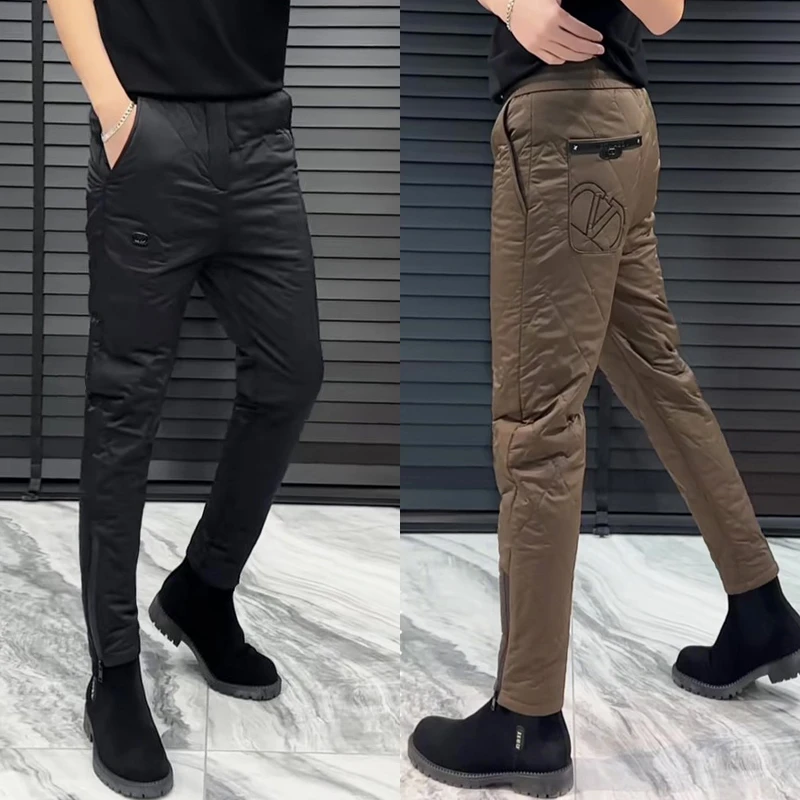 冬季外穿棉裤男2024新款潮牌修身加棉小脚裤时尚裤脚拉链保暖长裤