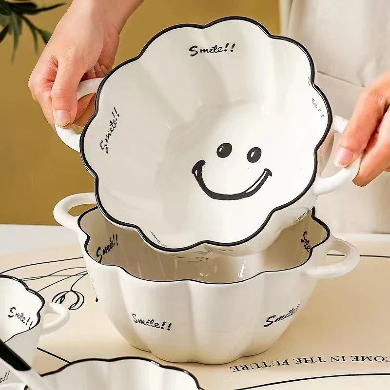 【一碗一勺】网红简约笑脸家用6英寸双耳南瓜碗勺套装陶瓷饭碗餐