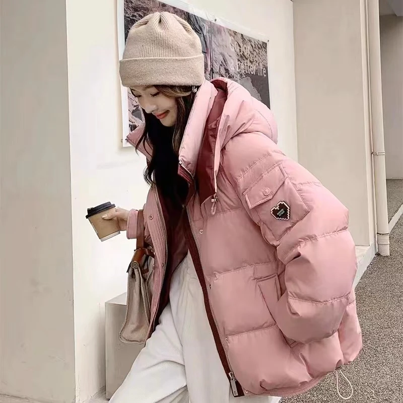 连帽宽松保暖韩版加厚过冬款棉服气质百搭拼色系短款棉袄外套