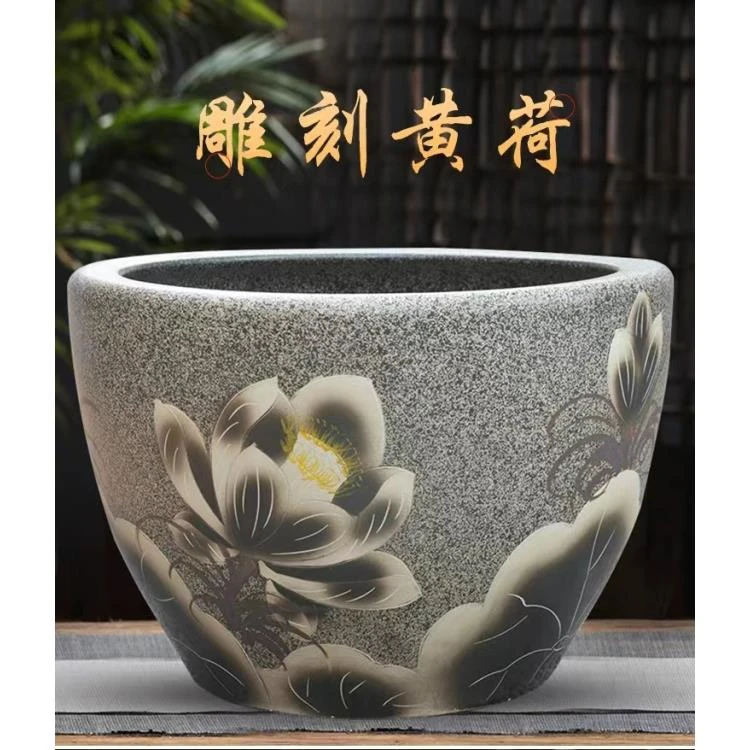 【50*31cm麻釉黄荷】景德镇新款麻釉黄色荷花陶瓷大缸