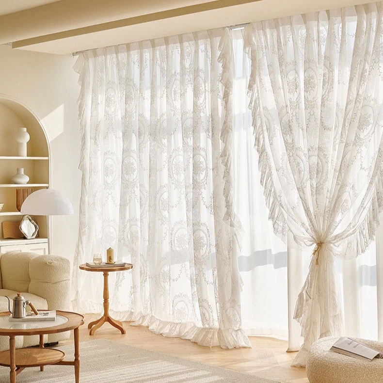 法式梦幻阳台蕾丝蝴蝶纱窗纱纱帘网红双层窗帘透光不透人客厅飘窗