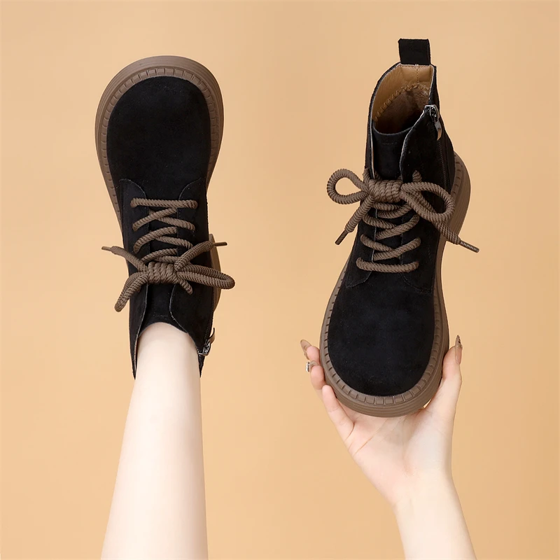 真皮马丁靴女时尚百搭圆头英伦风2025春秋新款侧拉链复古棕色短靴