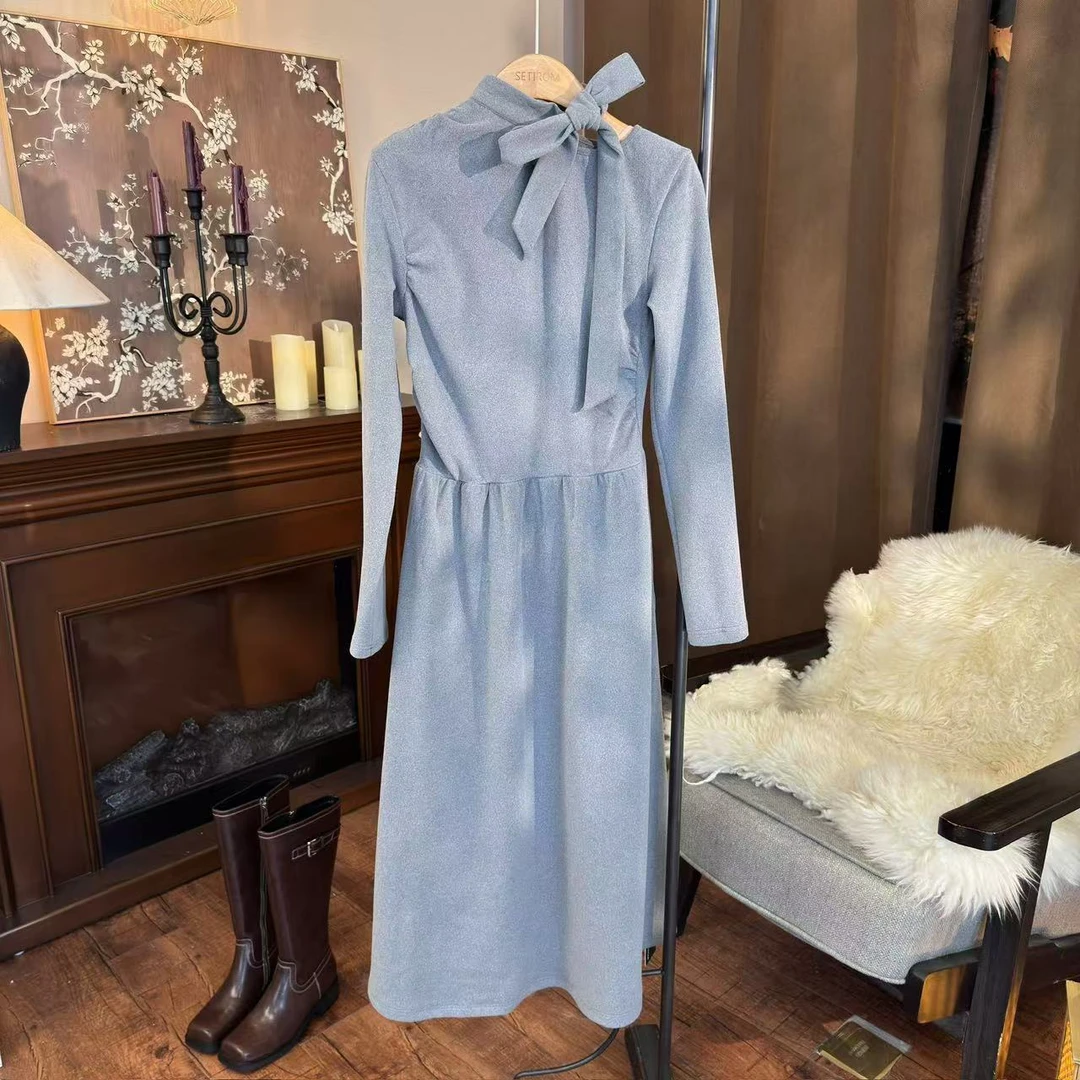 西町村屋法式不规则抽皱长袖连衣裙女装秋冬款XA9D10406