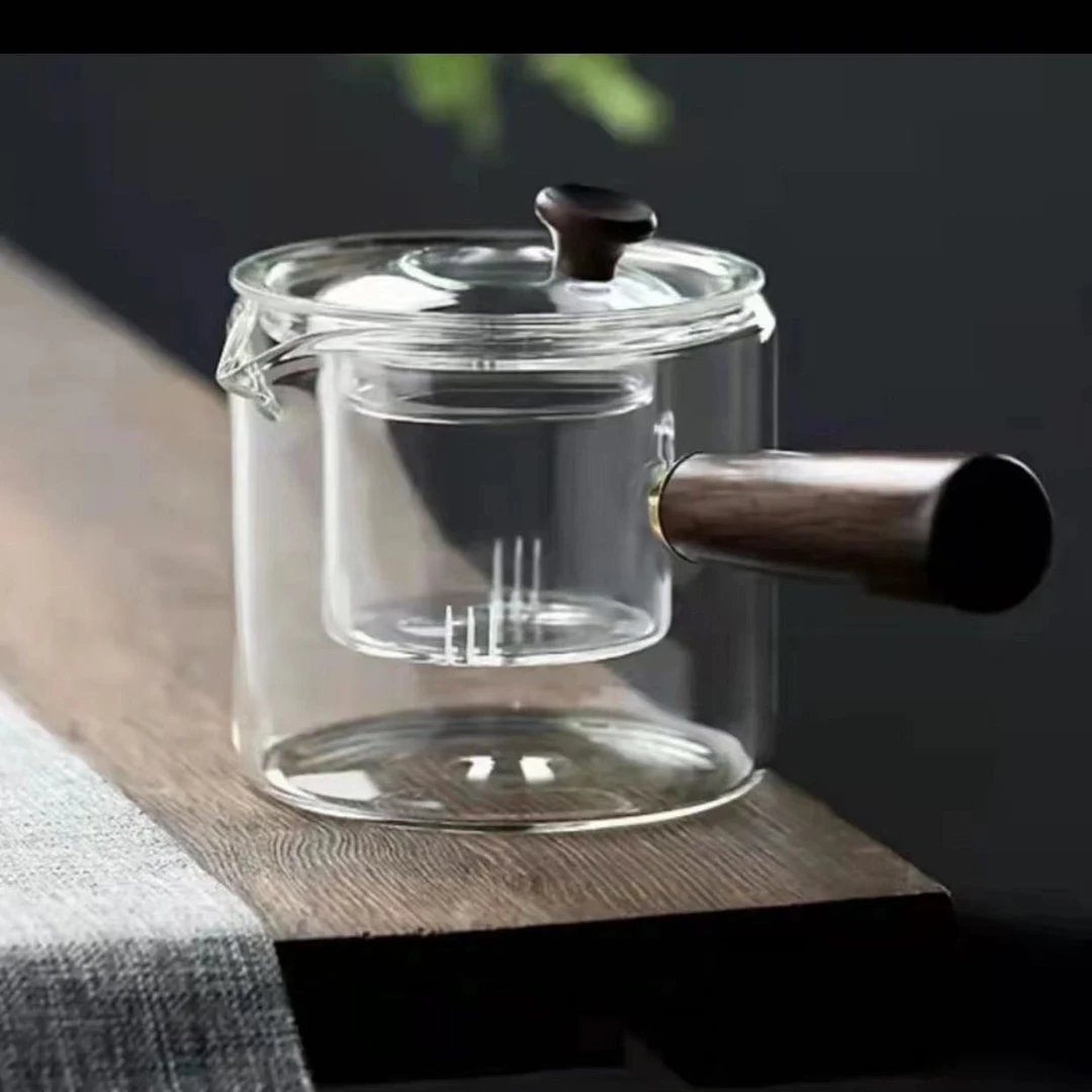 （黑檀木）侧把玻璃煮茶壶.大容量木把茶水分离茶器#T
