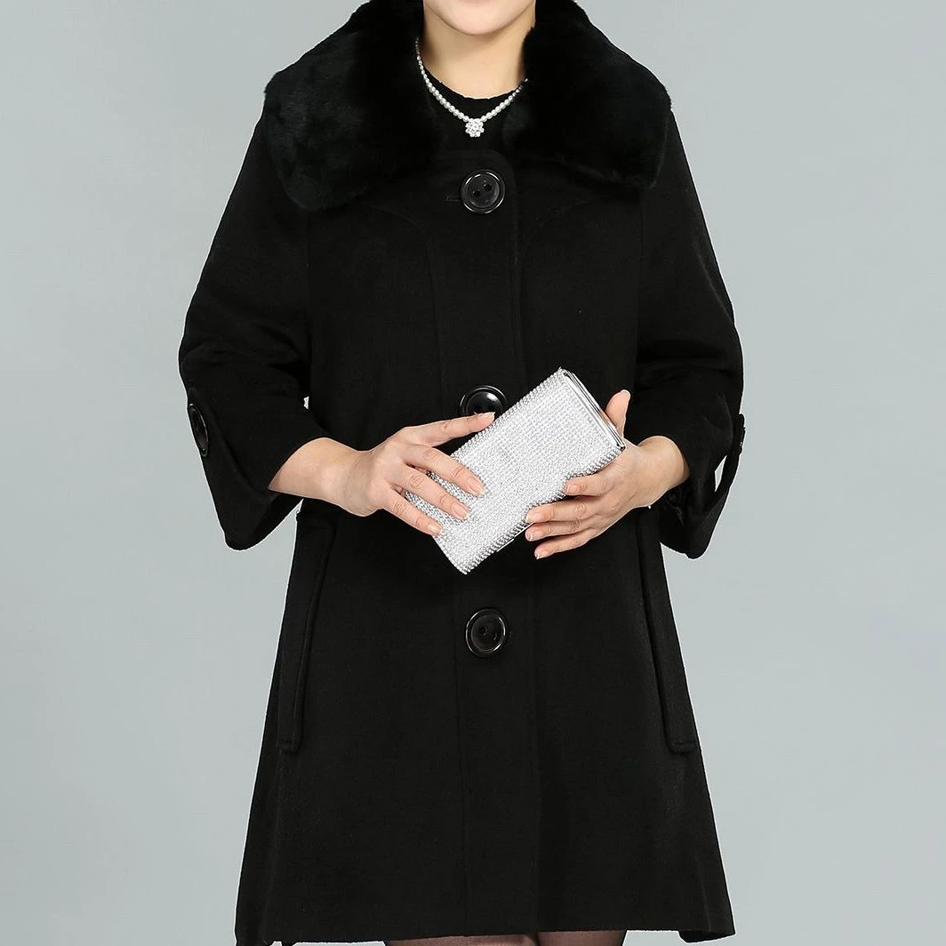 外套时尚百搭洋气中老年妈妈装黑色中长款大纽扣呢大衣