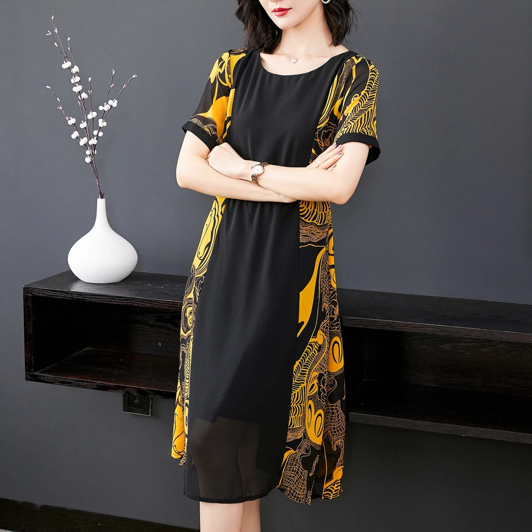 【撞色拼接】夏装新款妈妈短袖中长款女宽松显瘦雪纺连衣裙