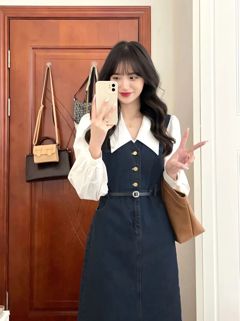 复古牛仔吊带连衣裙女秋季收腰显瘦气质时尚装背心裙白色衬衣长袖