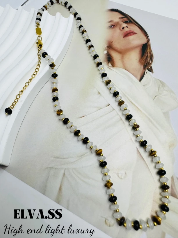 钛钢项链 E0009时尚气质轻奢设计师款黑白珠项链长链百搭编织长链