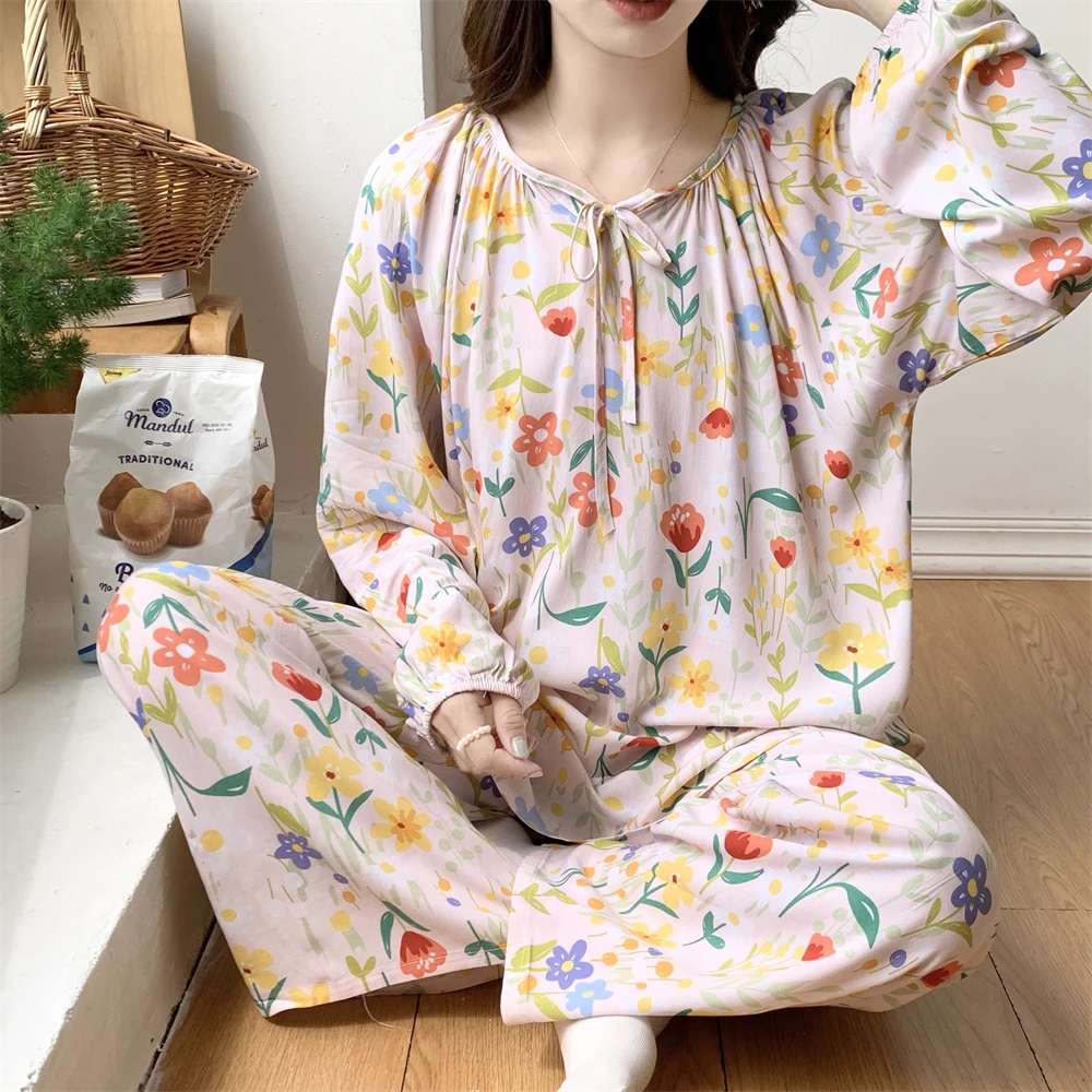 新款棉绸睡衣女甜美长袖长裤春秋夏季可外穿国风茉莉花朵网红家居