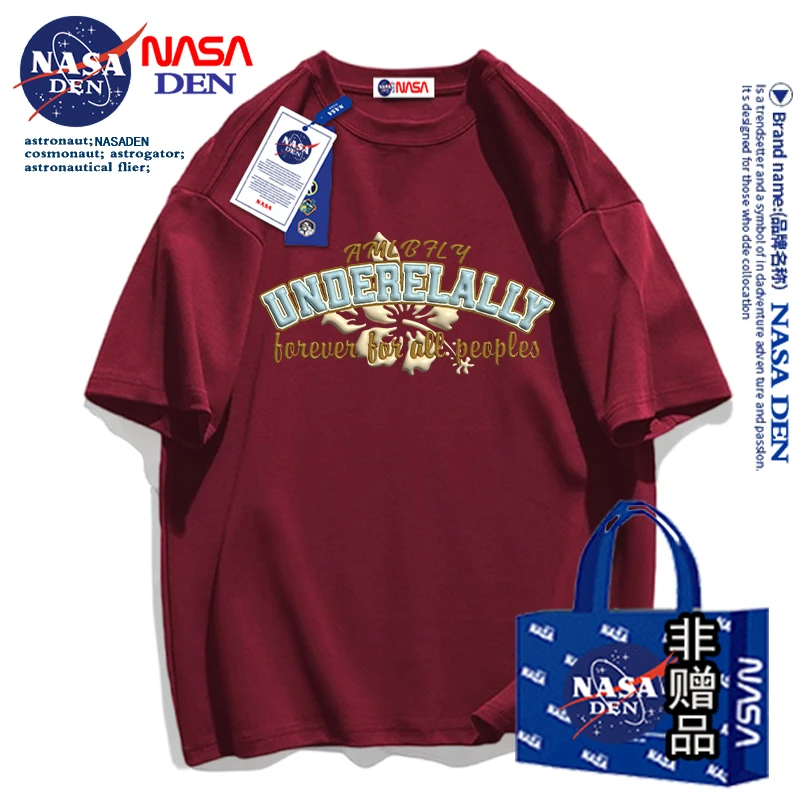 NASA联名夏季重磅纯棉高街宽松短袖T恤男港风情侣款时尚落肩袖T恤