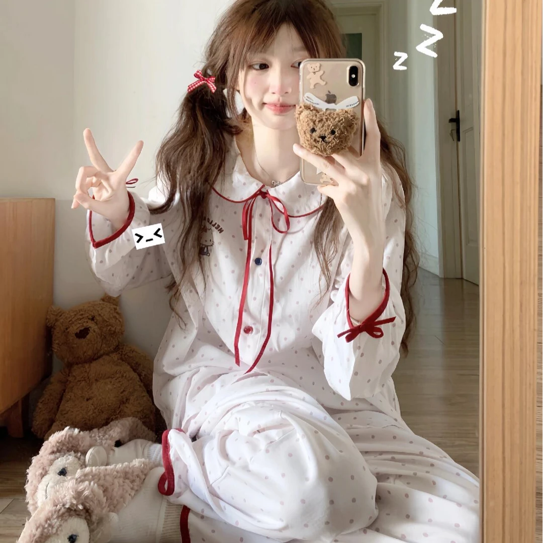睡衣女套装春秋季新款简约波点卡通韩版宽松娃娃领舒适长袖家居服