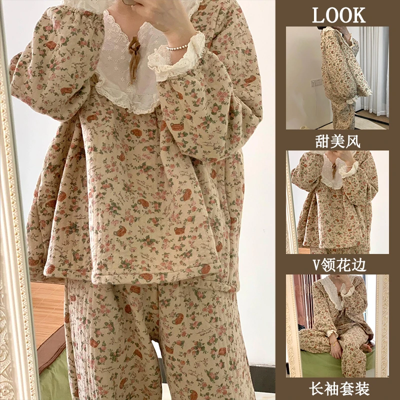 秋冬季长袖睡衣女新款甜美韩版宽松V领蝴蝶结花边加厚家居服套装