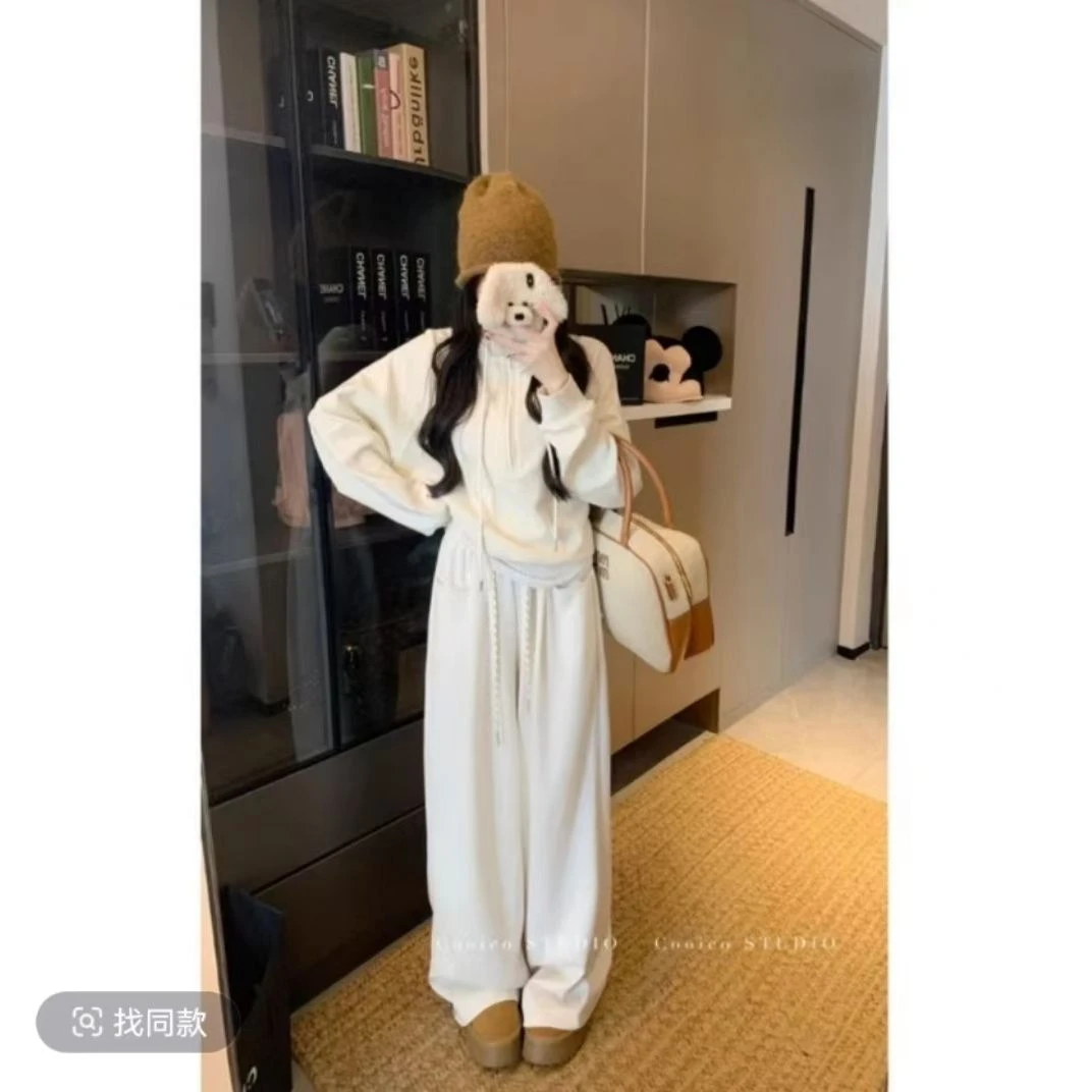 秋季新款慵懒风休闲套装女高腰显瘦阔腿裤设计感松弛感卫衣两件套