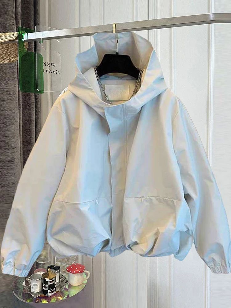 独特洋气休闲短外套女秋装新款连帽宽松冲锋衣夹克上衣百搭工装风