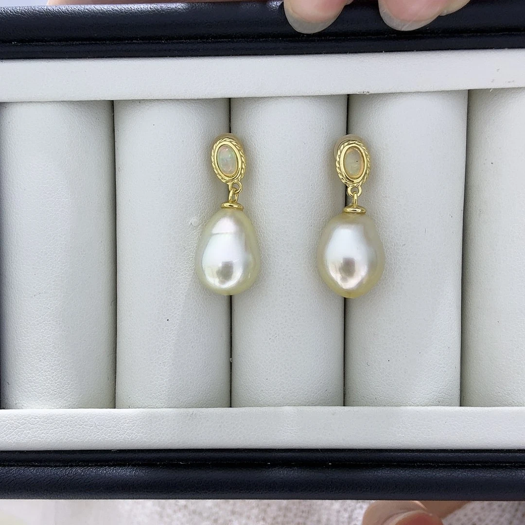 海水珍珠耳饰银S925镶嵌11-12mm