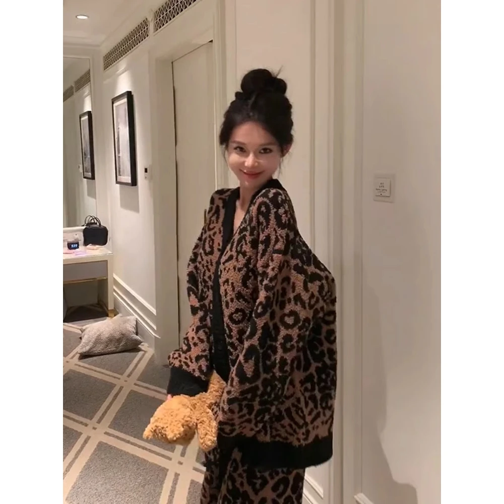【V领豹纹】半边绒睡衣女款秋冬季高级感加绒保暖家居服毛绒套装