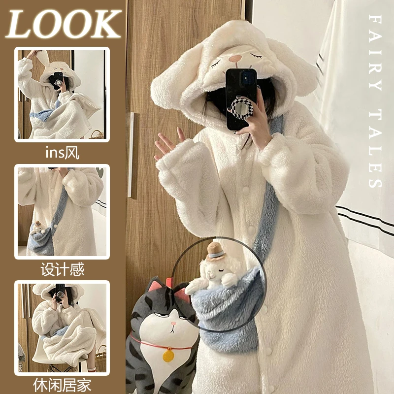 可爱小羊珊瑚绒加厚加绒长袖连帽睡衣女2023秋冬款居家服睡袍睡裙