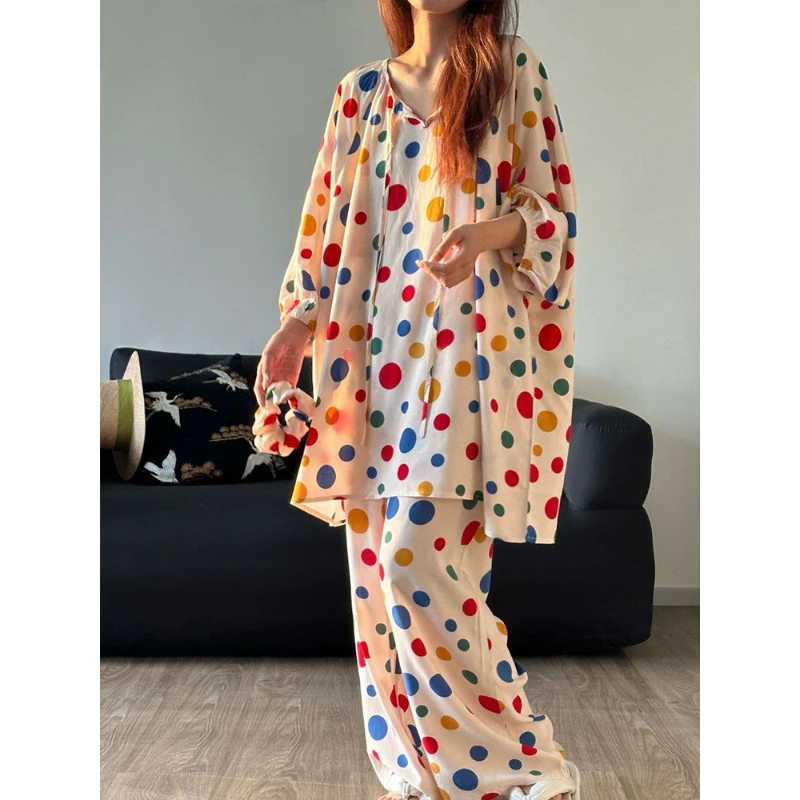 韩系温柔甜美彩色波点绵绸睡衣女新款春夏秋宽松七分袖长裤家居服
