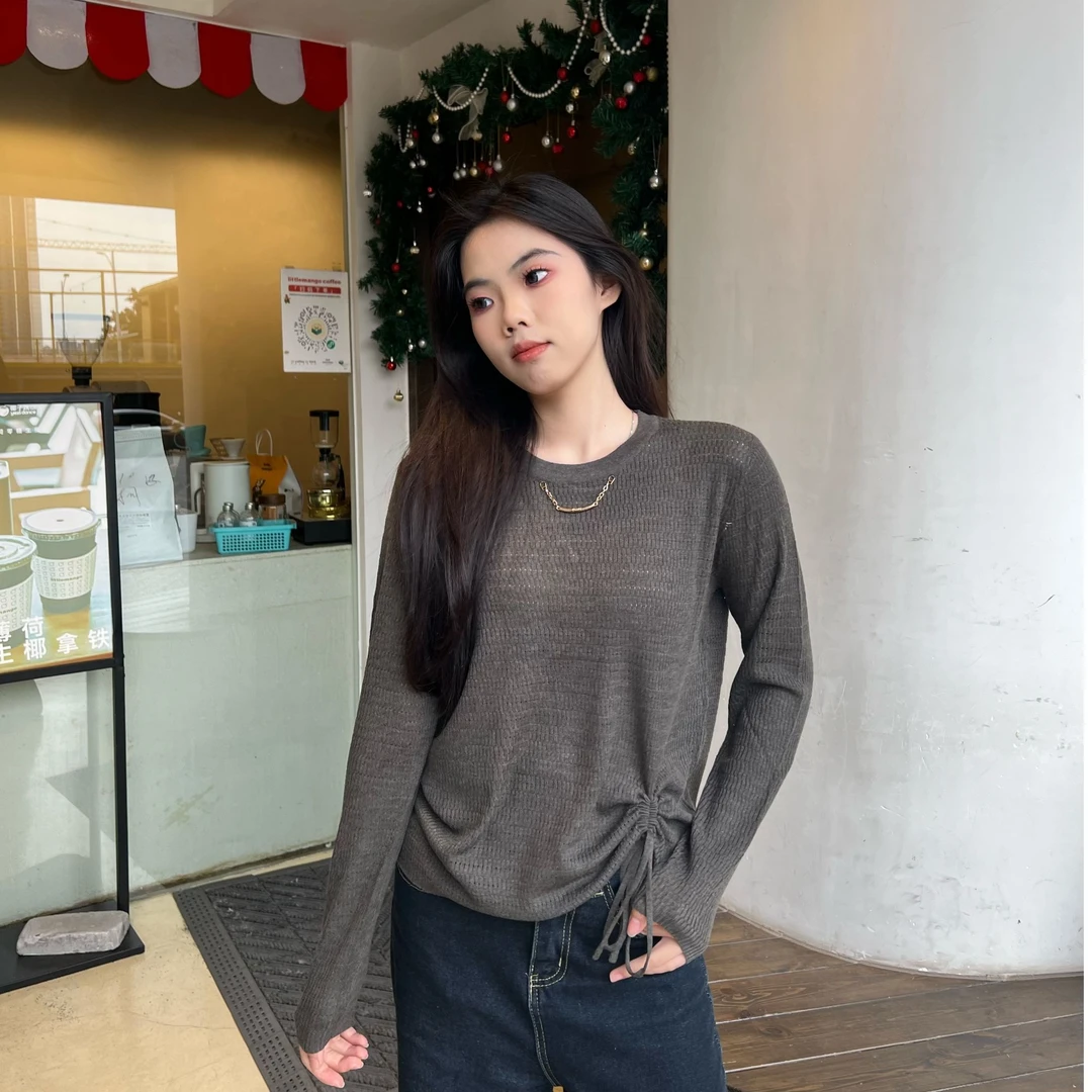 新款秋季新款圆领镂空针织衫抽绳宽松长袖打底羊毛衫女