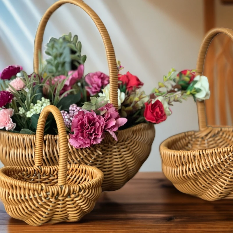 藤编手提插花花艺仿藤手工编织花店柳编花篮客厅摆件拍照田园篮子
