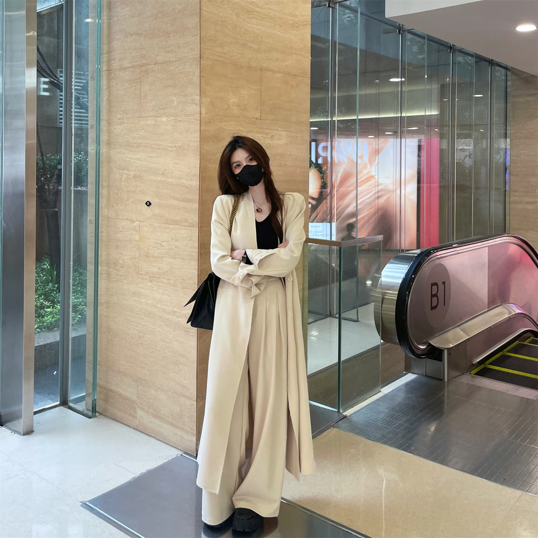 【XZ1321】Liixu高级感西装女秋单排扣长款赫本风西装阔腿裤两件套