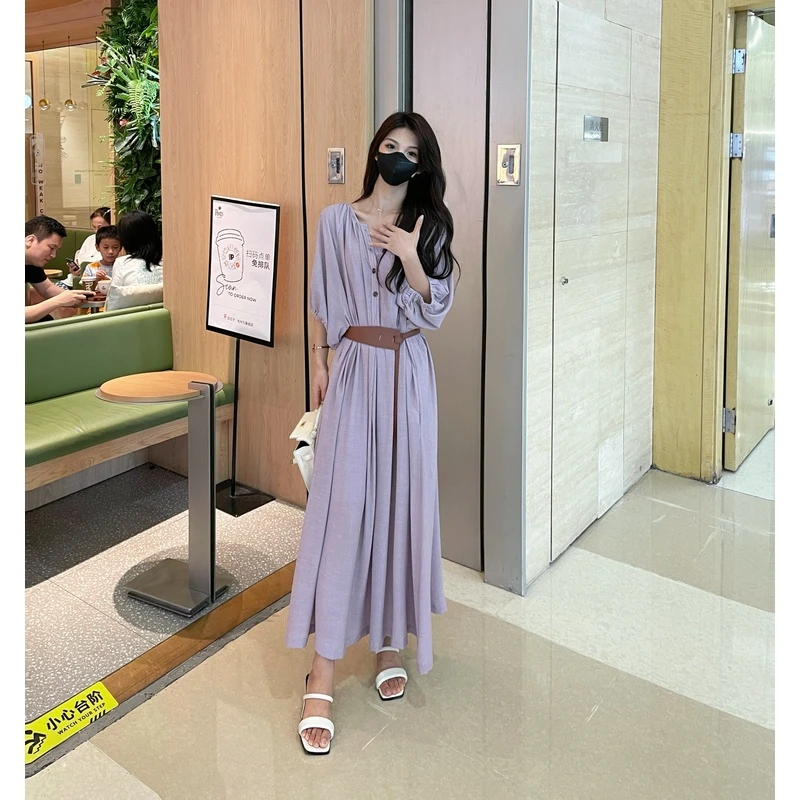 【24Q070】Liixu度假风半袖连衣裙女夏季宽松显瘦裙子a字长裙三件套