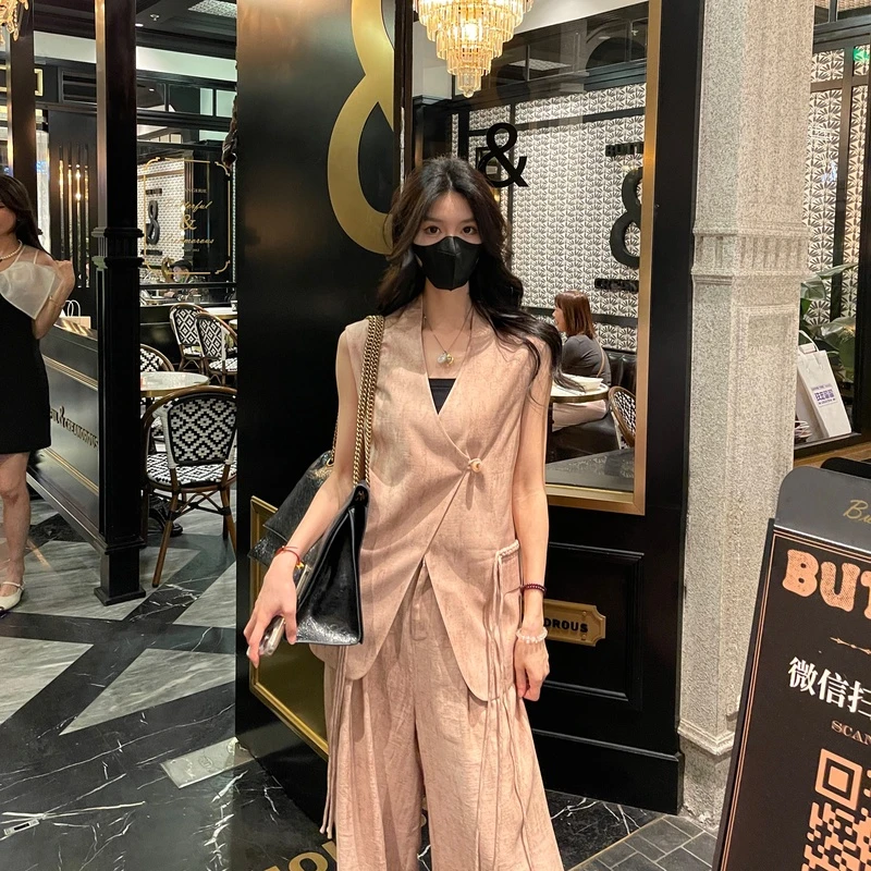 【24XZ050】Liixu时尚V领无袖新中式西装外套女夏季阔腿裤三件套
