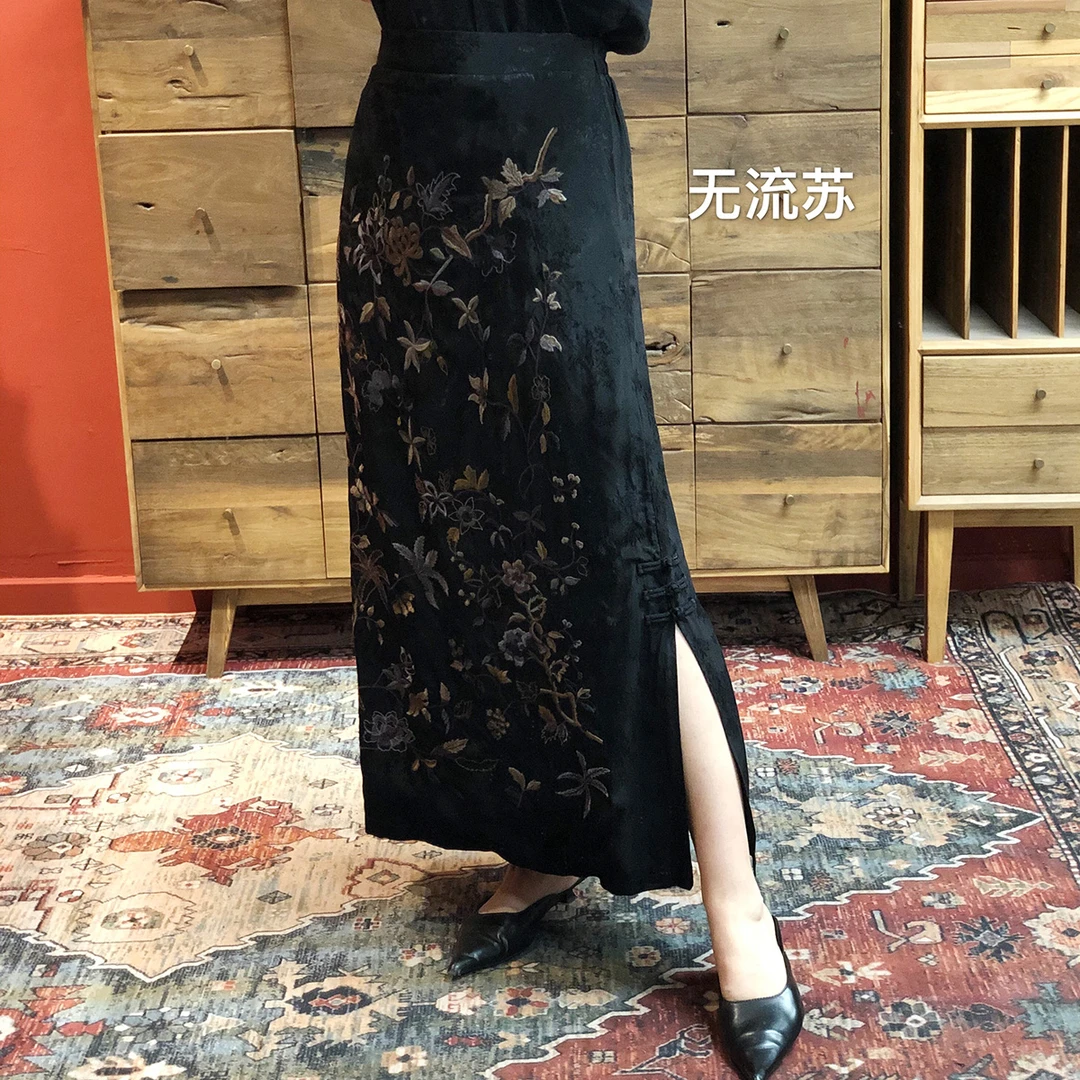 【羊在在】国风民族风重工刺绣气质侧开叉显瘦流苏半裙蕾丝BQ735-2