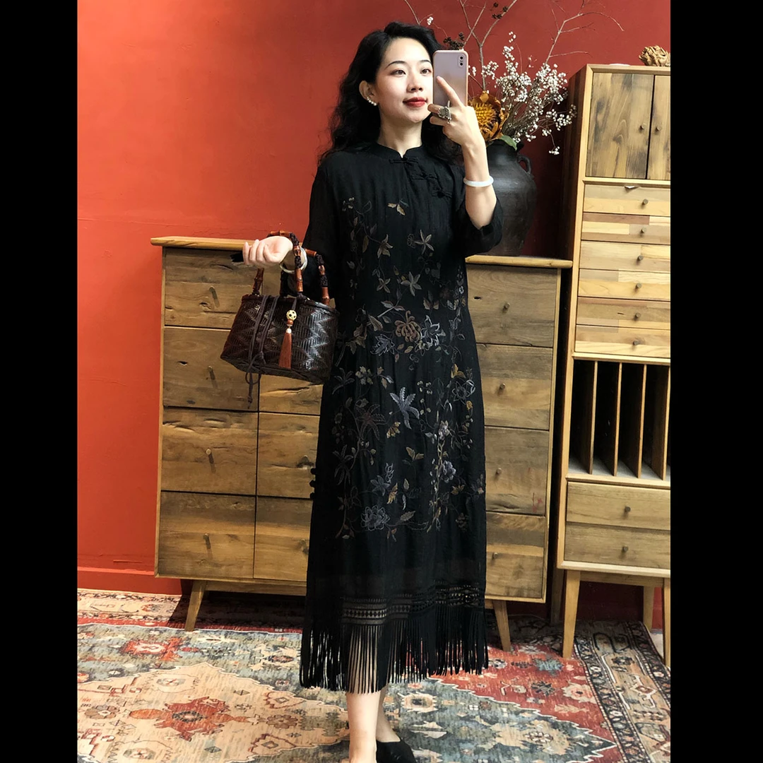 【羊在在】国风民族风春夏新品重工刺绣原创斜襟盘扣连衣裙L739